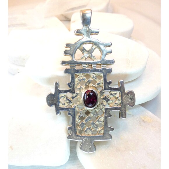 Sterling Silver 925 Garnet Ethiopian Orthodox Coptic Christian Cross Pendant 24g - Picture 2 of 6